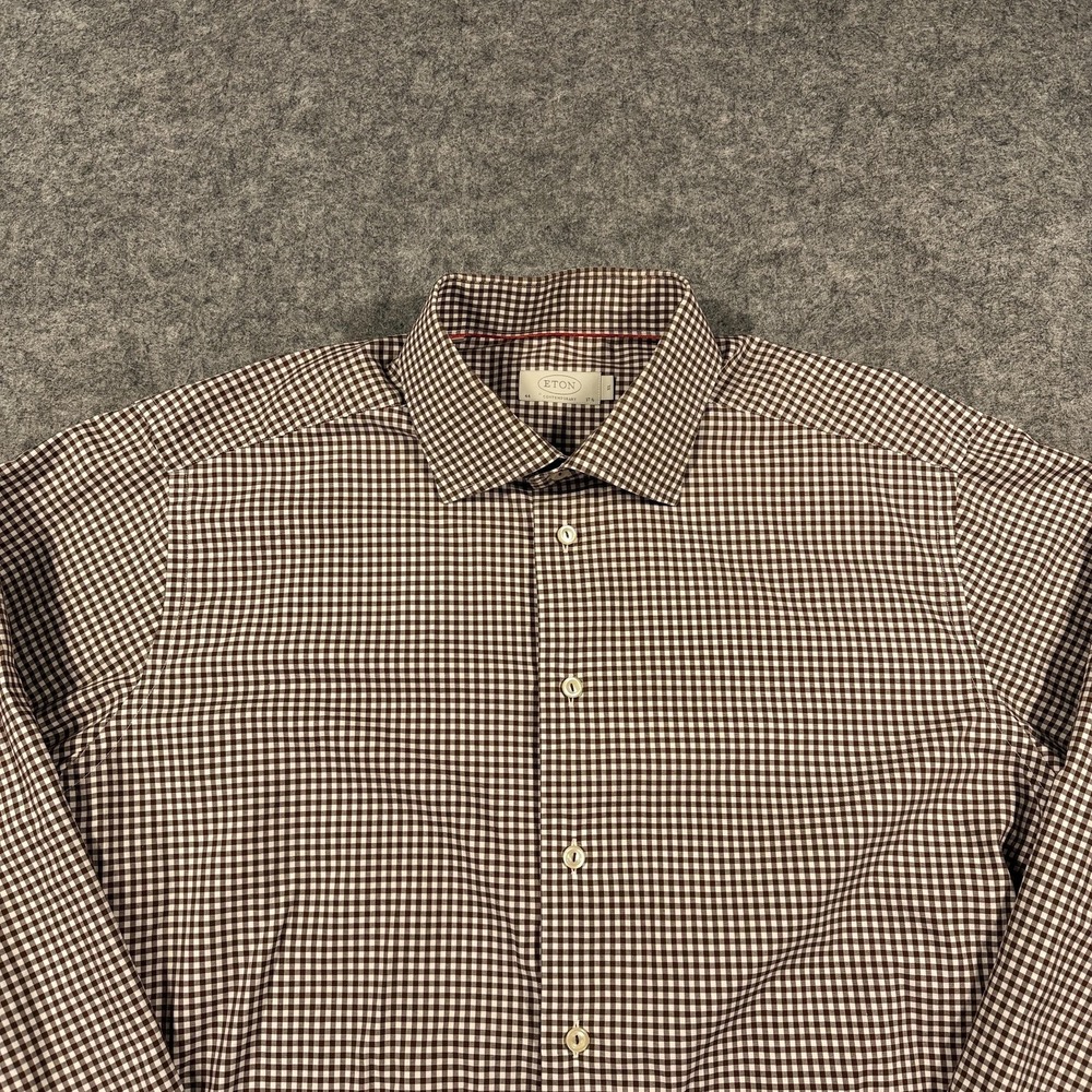 Eton Dress Shirt Mens Extra Large Brown Gingham Check Long Sleeve Spread Collar - Picture 2 of 12